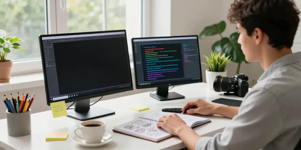 Creative workspace with an AI content generator in Polish, showcasing a writer at work.