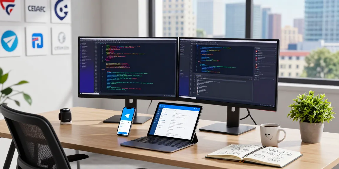 Developer using Telegram Chinese APK free in modern tech workspace with vibrant code and engaging atmosphere.