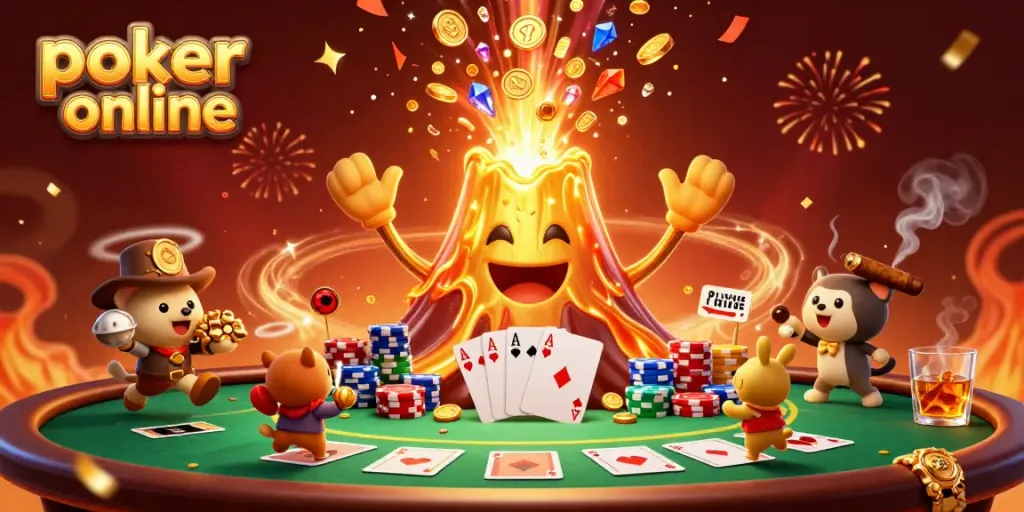 Experience poker online excitement with a playful volcano and treasure-filled characters in a dynamic scene.