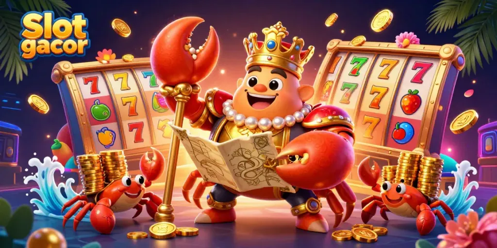 Experience the thrill of Slot gacor with a majestic golden crab emperor in a vibrant casino paradise.