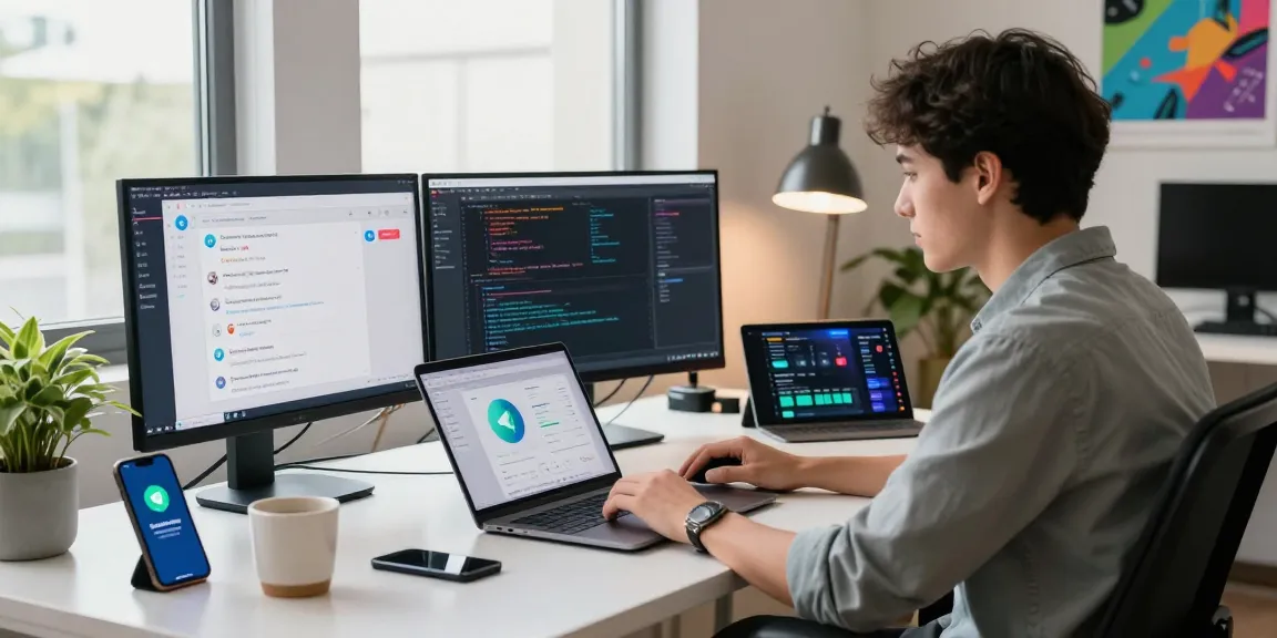Engaging workspace with telegramin-cn.com interface, professional using tech tools and gadgets.