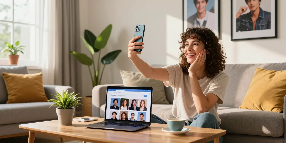 Person using a smartphone to discover celebs I look like in a cozy living room