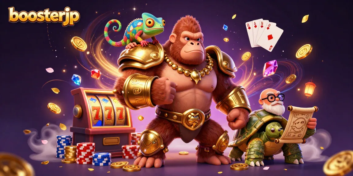 Boost your gameplay with boosterjp as a gorilla king, chameleon, and tortoise navigate gambling excitement.