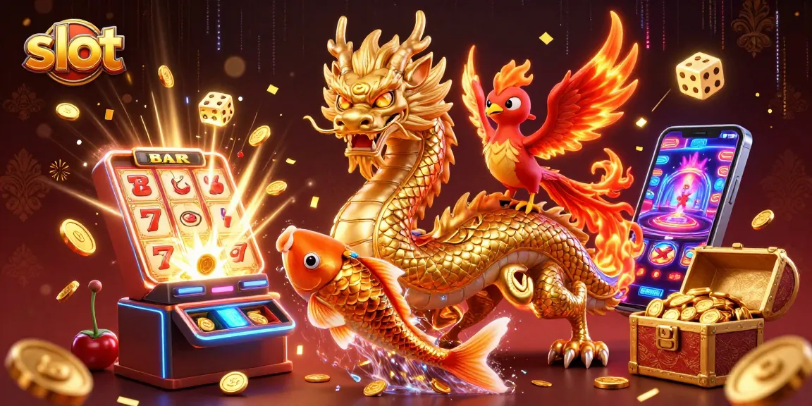 Win big at slots with a dynamic 3D casino scene featuring golden dragons and jackpot machines.