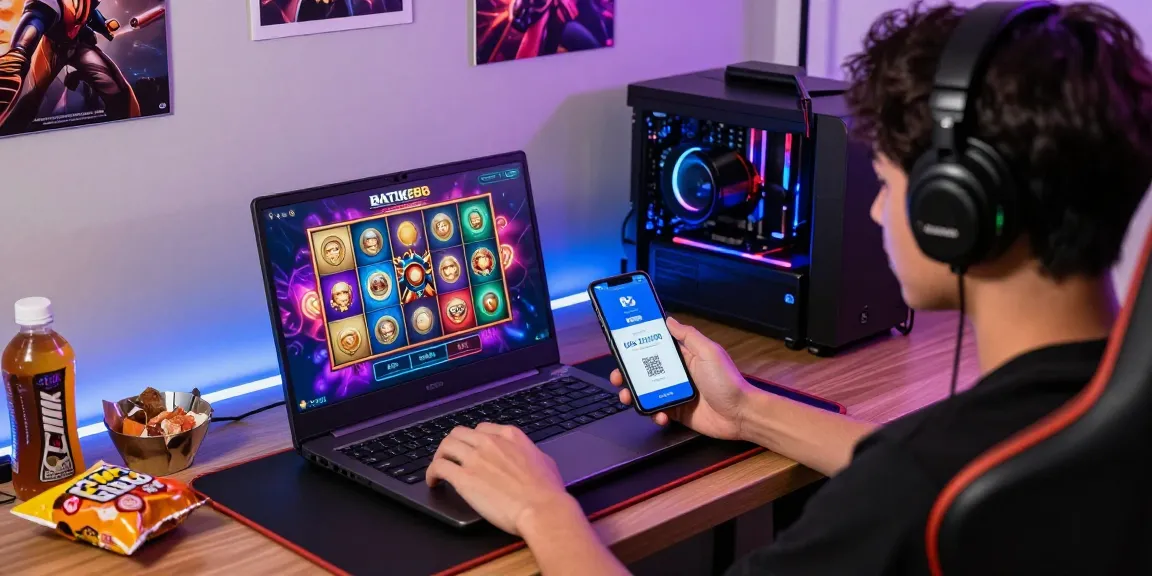 Transaksi cepat BATIK88 dengan QRIS, pemain slot online menikmati pengalaman bermain di laptop.