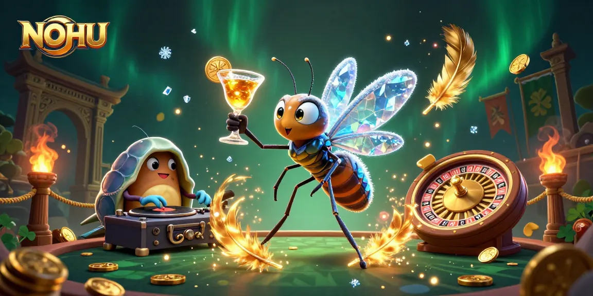 Engage with NOHU's vibrant casino atmosphere featuring characters and elements from a thrilling gambling scene.