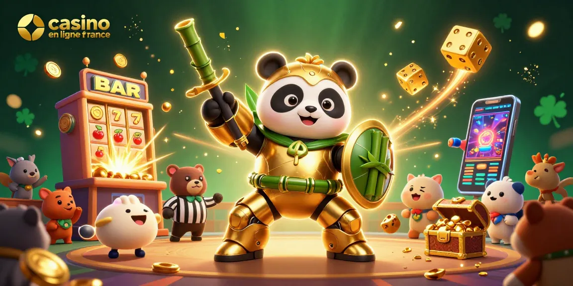 Jouez sur un casino en ligne France avec une illustration dynamique d'un panda doré dans une arène de jeu.