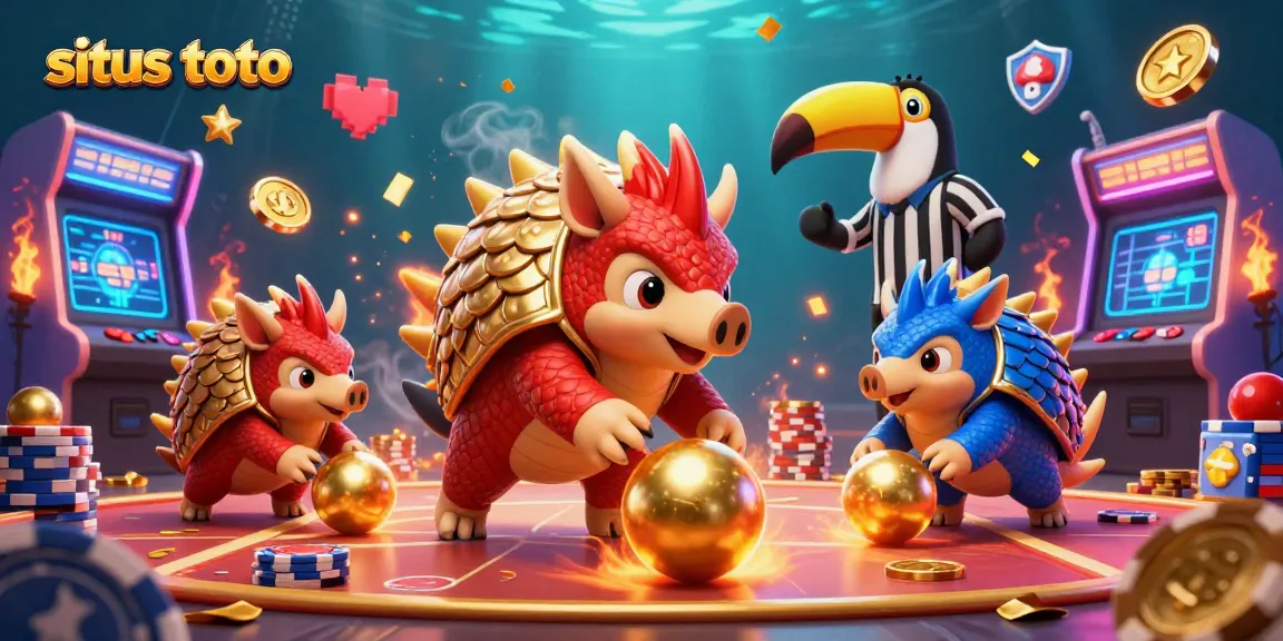 Engage in situs toto excitement with vibrant pangolins bowling through poker chips amidst a colorful arcade scene.