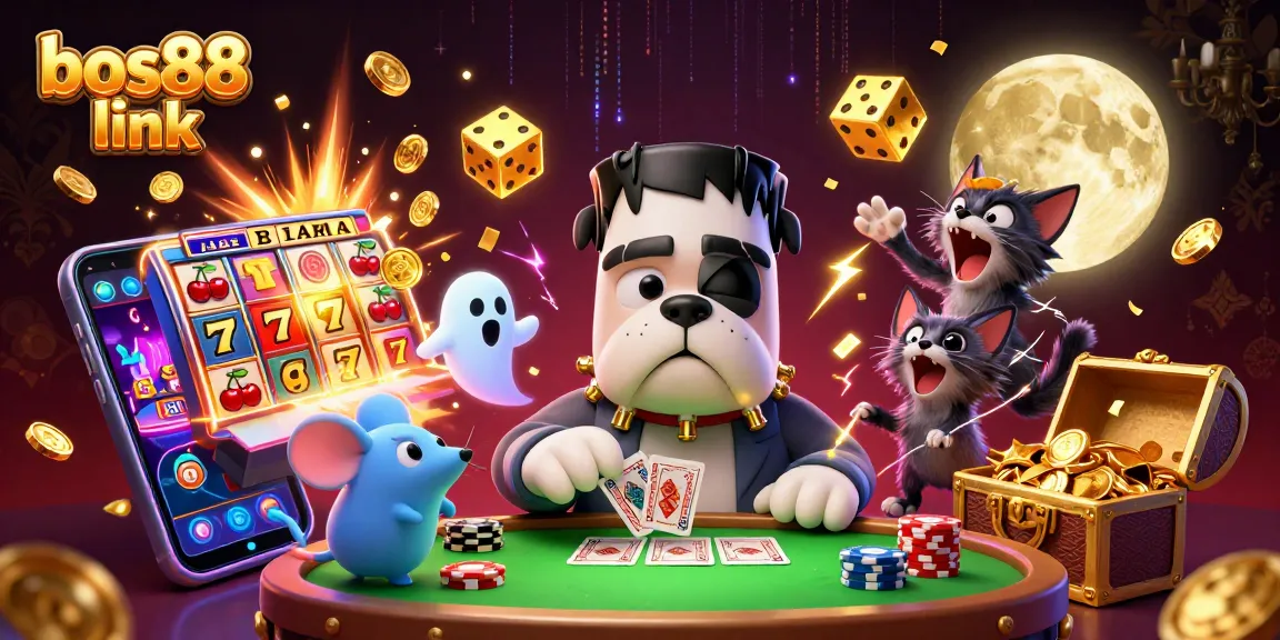 Experience thrilling gaming at bos88 link, where cartoon characters deal cards in a vibrant casino scene.