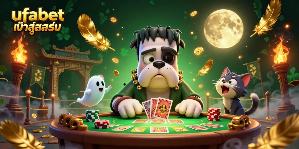 Engage with ufabet เข้าสู่ระบบ as a Frankenstein bulldog monster deals cards at a spooky casino table.