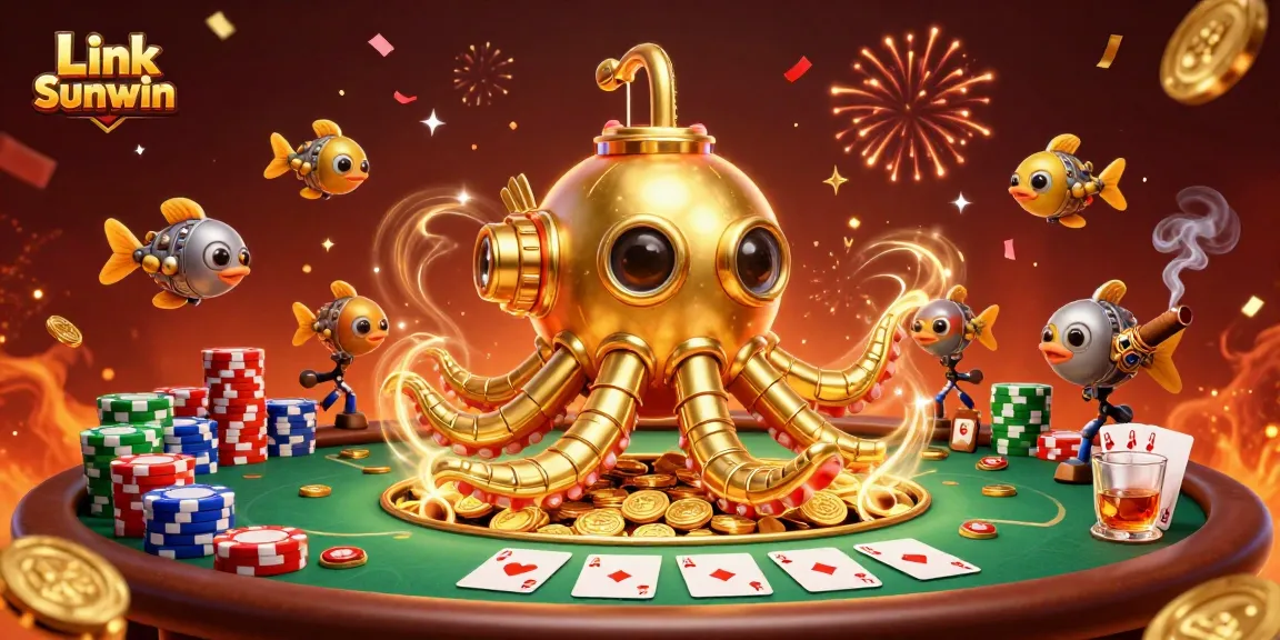 Experience Link Sunwin with mechanical fish and a golden kraken submarine in a rich casino scene.