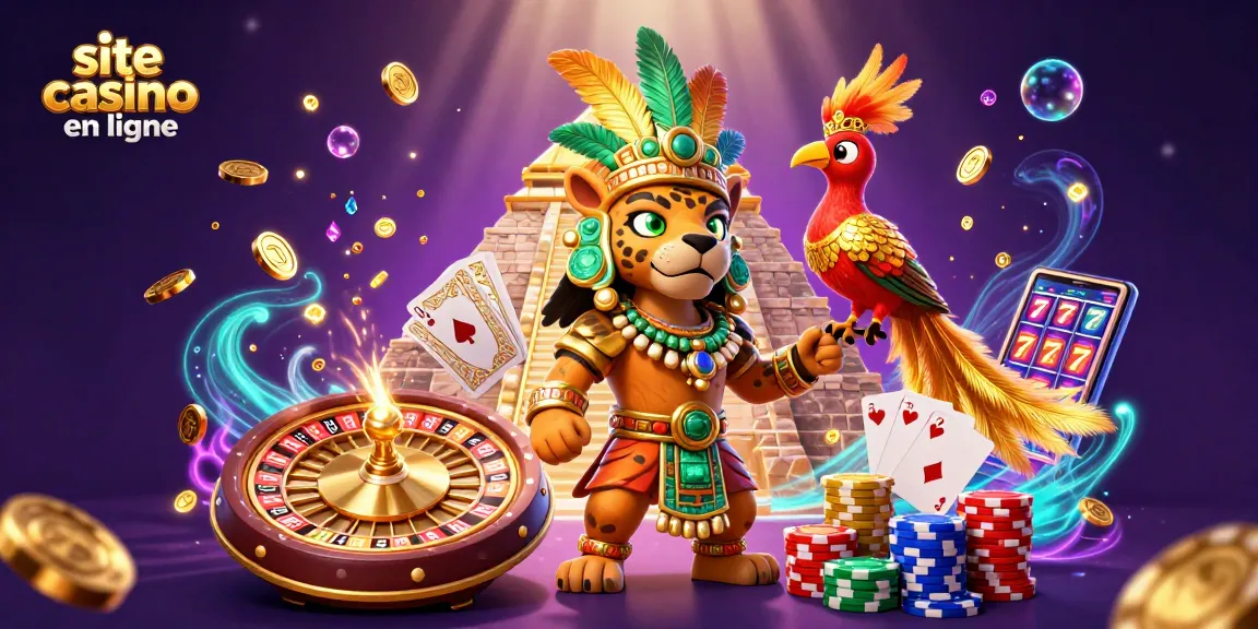 Jouez sur un site casino en ligne avec des éléments de jeu comme des jetons, des cartes et des roulettes.