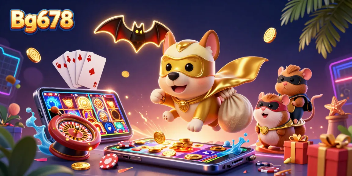 Experience thrilling gameplay at Bg678 with a superhero dog and hamster amidst dazzling casino elements.