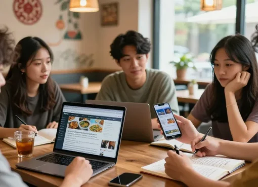 Engaged young adults discussing Asian pop culture while viewing https://hanadultalk.com on a smartphone in a cozy café.