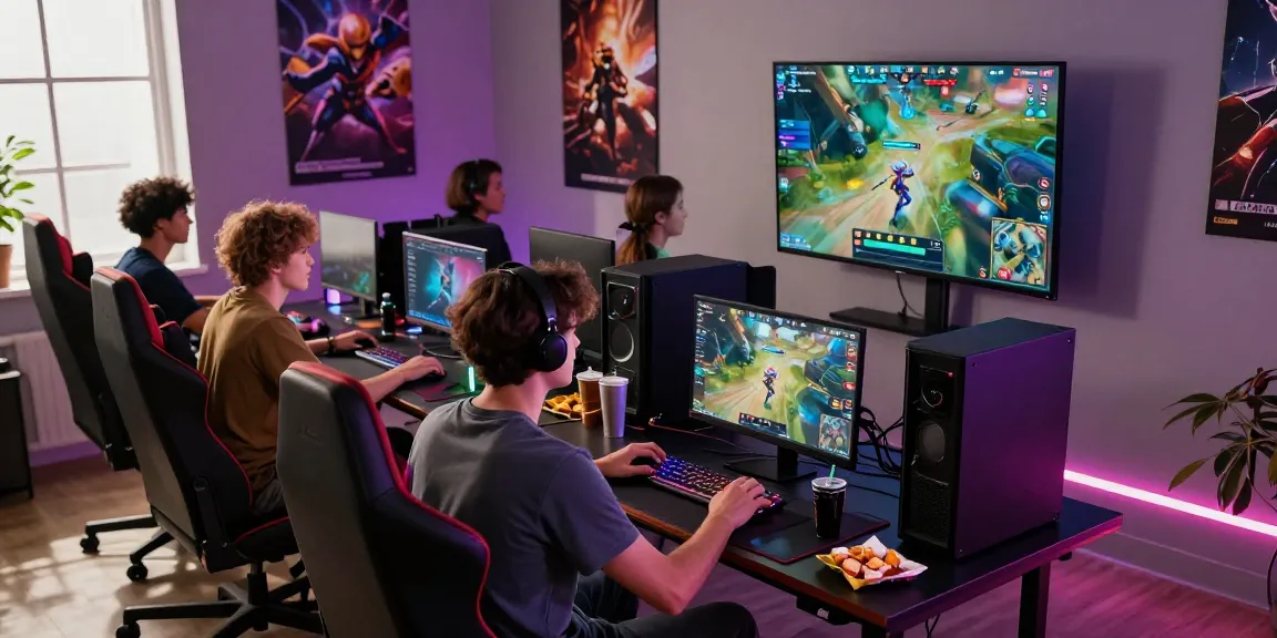 Group playing online games with kecak4d theme, colorful gaming setup and snacks.