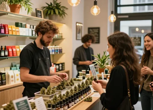 Where Can I Buy Weed legally In Düsseldorf? Best Guide in a colorful dispensary with knowledgeable staff assisting customers.