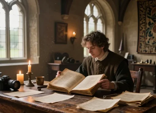 Explore Tynte's Castle content at https://tyntescastle.com with a reader immersed in historical manuscripts and artifacts.