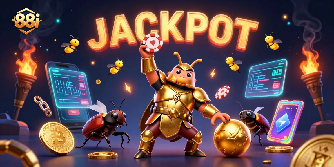 Engage with 88i's vibrant casino scene featuring a beetle hero celebrating a jackpot win.