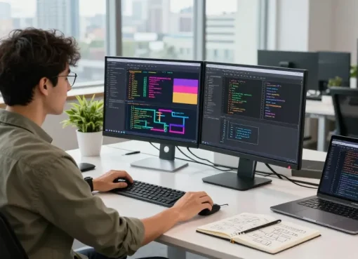 Software engineer coding on NAGA2000 analytics dashboard in modern workspace