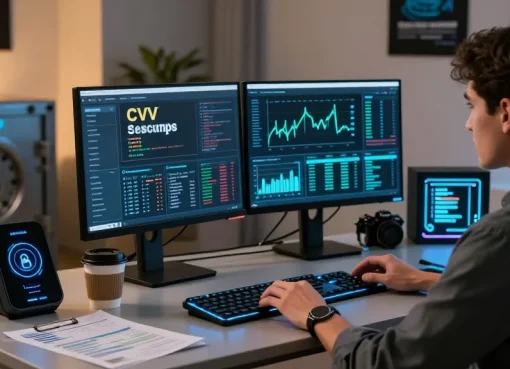Exploring the best dumps shop in a modern cybersecurity workspace with advanced tech.