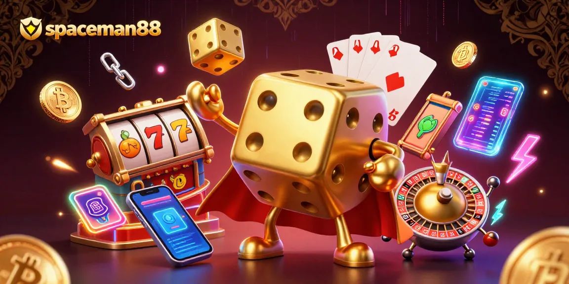 Engage with spaceman88’s vibrant gaming scene featuring dynamic slots, coins, and a playful dice golem.